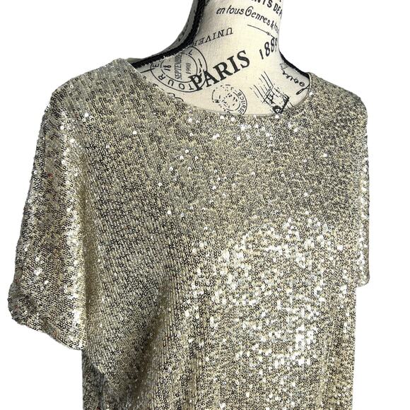 H&M SMALL Sparkly Straight Cut Sequined Mesh Short Sleeve Top Blouse Tee - Picture 6 of 13